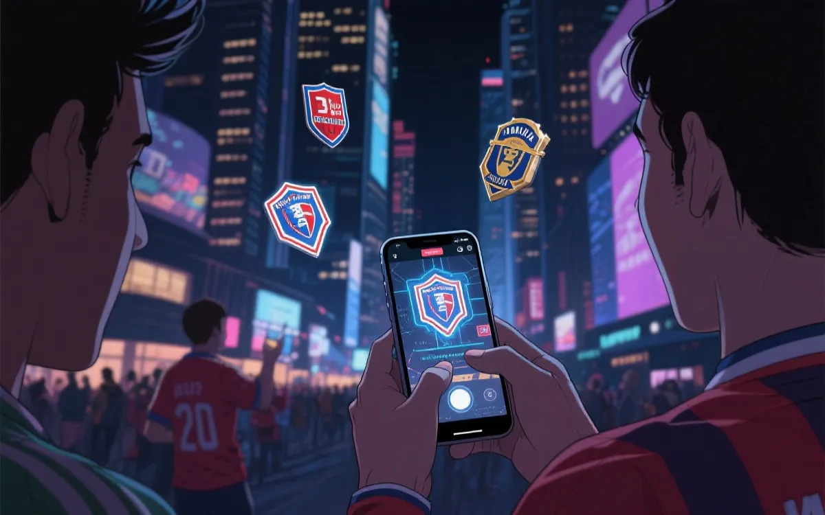 球迷数字权益与会员体系结合的概念图，包含任务、徽章、兑换与线下联动